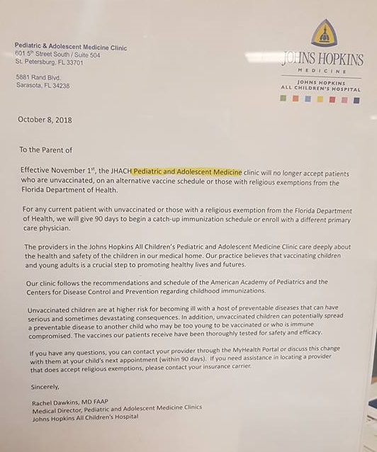Johns Hopkins All Children's Hospital letter