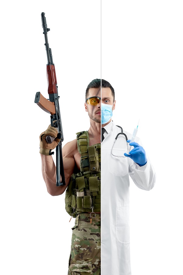 Comparison of doctor and soldier's profession outlook. Military man wearing khaki uniform, Kalashnikov automatic machine. Doctor wearing white medical gown, blue gloves and mask, having syringe.