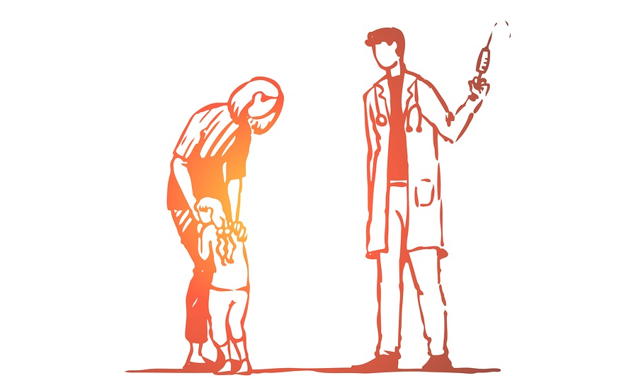 Parent, Child, doctor, injection, fear, vaccine image.