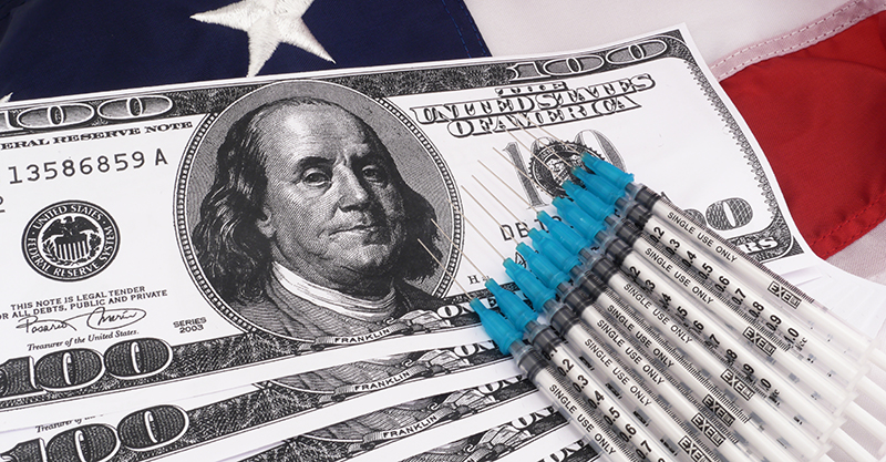 Government Concept: Government Savings And Budget With Piggy Bank Over American Flag